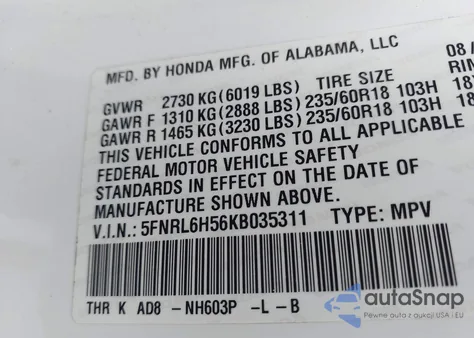 2019 Honda Odyssey Ex из США, поврежденный, VIN 5FNRL6H53KC035311